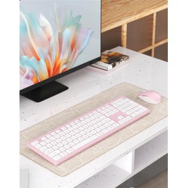 Wireless Keyboard Mouse Combo - 2.4Ghz Office Quiet Keyboard and Mouse Wireless - 104 Keys Full Size Ergonomic Keyboard for Laptop, Computer, PC, Notebook (Full Size Pink White)