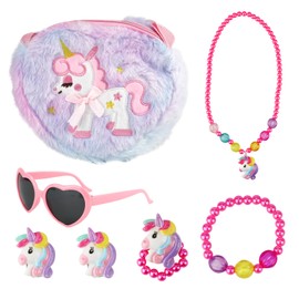 Unicorn Gifts for Girls,7PCS Unicorn Purse for Little Girls,Unicorn Crossbody Bag with Jewelry Set,Unicorn Bag,Necklace,Bracelet,Ring,Earrings,Sunglasses,Birthday Presents Unicorn Gifts Toy for Girl