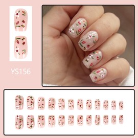 OHWODA Spring Press on Nails Short Square False Nails with Flower Bee Designs Glossy Pink Fake Nails Full Cover Glue on Nails Floral Acrylic Nails Press ons Reusable Stick on Nails for Women 24Pcs