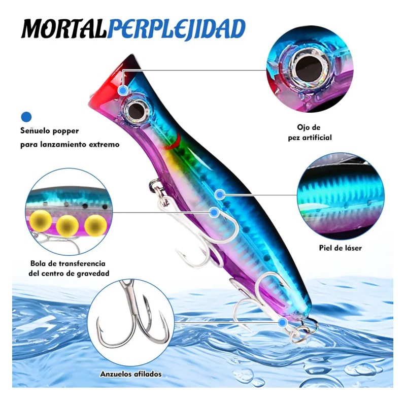 6 Señuelos Popper De 43g Kit Pesca Superficial Mar Playa