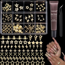 YAEISM Gold Nail Charms 12 Grids Star Nail Charms for Nails Bling Dangle Star Charms Shiny Starlight Nail Rhinestones with Glue Gel,Tweezer for Women Nail Decoration