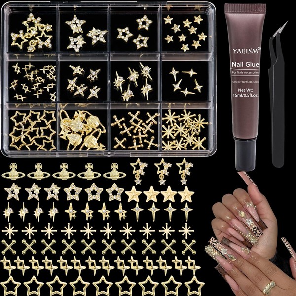 YAEISM Gold Nail Charms 12 Grids Star Nail Charms for