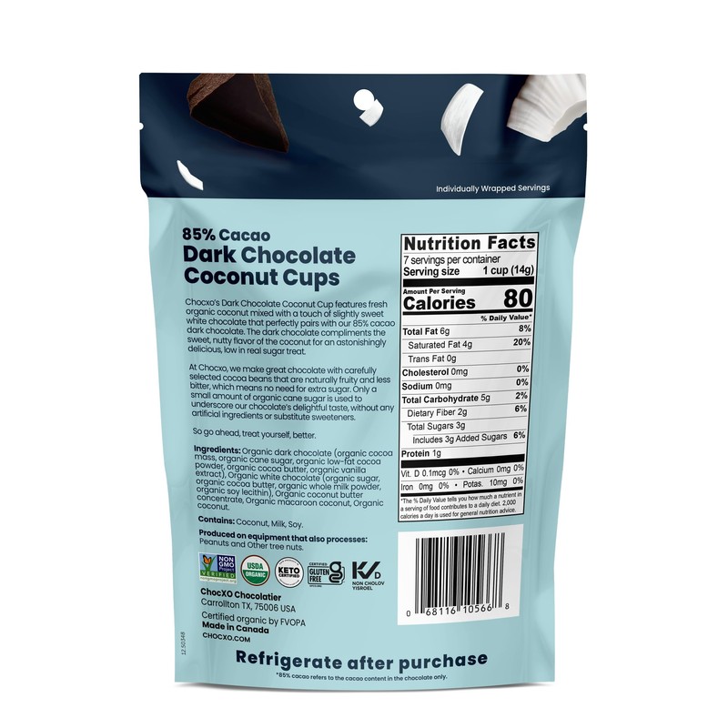 ChocXO Dark Chocolate Coconut Cups, 85% Cacao, 3g Sugar per