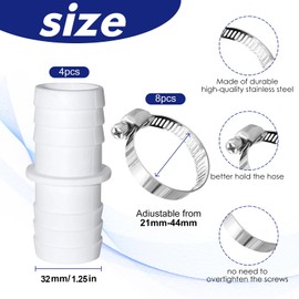 Set of 4 Pool Hose Adapters, Pool Hose Connector with 8 x Hose Clamps, Hose Connector 32 mm to 38 mm Diameter Set, Pool Hose Connector, Pool Hose Adapter for Pool, Garden (32 mm)
