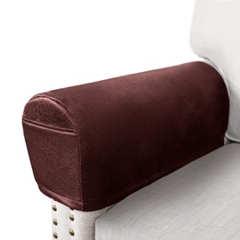 ANARACHON Leather Look Couch Arm Covers Set of 2 Armrest Covers for Sofa Chair Arm Protectors Stretch Armchair Slipcovers with Pockets Washable Spandex Fabric (Large, Burgundy)