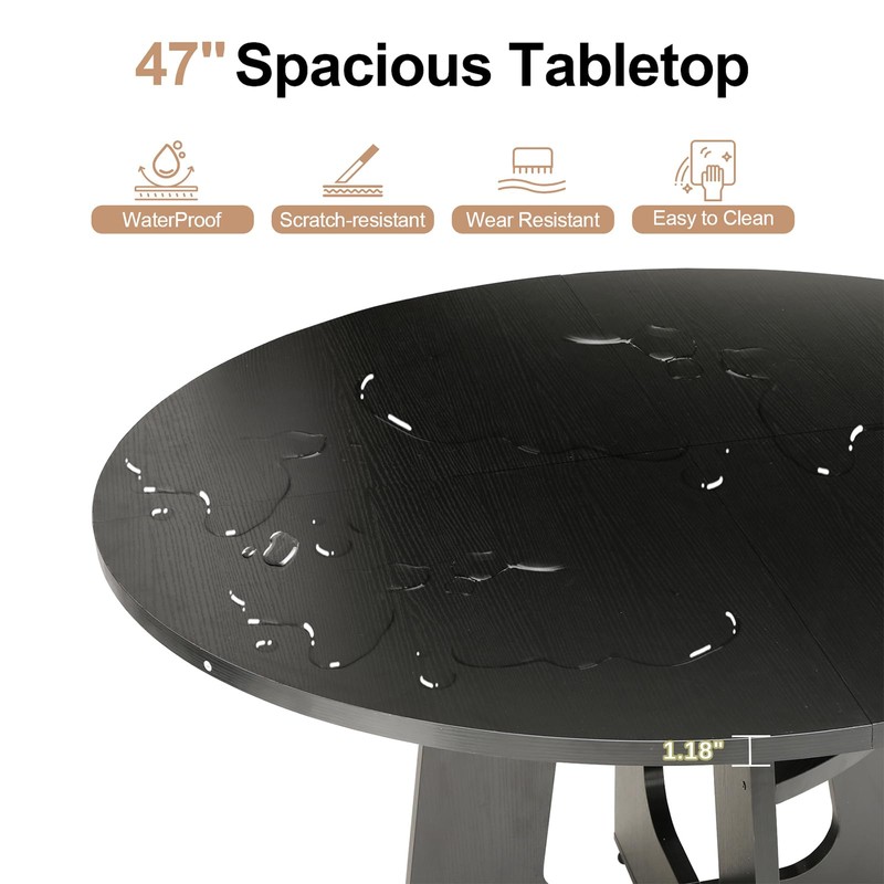 HELLYMOON 47" Round Dining Table for 4-6 Black, Farmhouse Wood