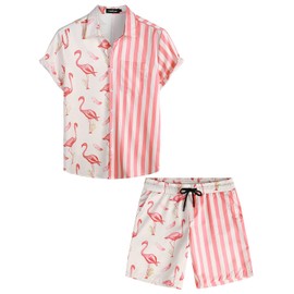 VATPAVE Men's Flamingo Hawaii 2-Piece Sets Short Sleeve Casual Shirts Beach Outfits, Pink Flamingo