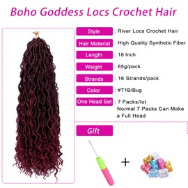 Faux Locs 18 Inch Boho Goddess Crochet Hair 7 Packs Pre-Looped for Black Women River Locs With Curly Ends (1B/Bug)