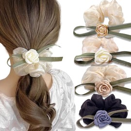 4Pcs Hair Scrunchies Rose Flower Hair Bows Elegant Elastic Hair Ropes Ponytail Holders for Women Girls Hair Accessories