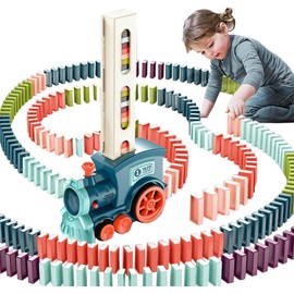 OBEST 180 Pieces Domino Train Toy Set, Electric Domino Rally Train with Light and Sound, Automatic Domino Laying Blocks, Stacking Toy for Children, Educational Toy for Boys and Girls (Blue)