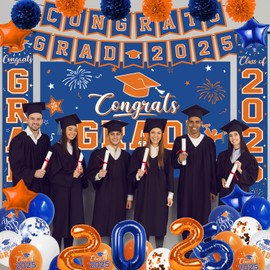 Graduation Decorations Class of 2025, Blue and Orange Graduation Decorations with Congrats Grad Backdrop, Class of 2025 Banner,Porch Sign, Balloons, Foil Number 2025 for Graduation Party Supplies