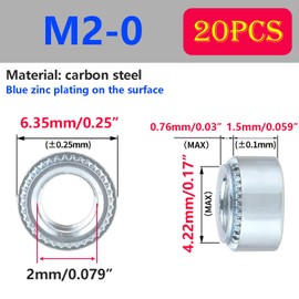 Qrity Pack of 20 Nuts, M2-0 mm Self-Locking Nuts, Pressure Rivet Nut, Galvanised Carbon Steel, Self-Clamping Nuts for Sheet Metal