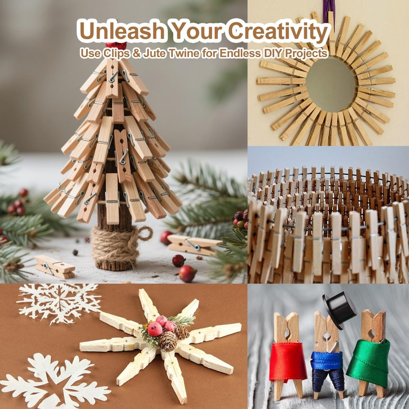 200 Pcs Mini Wooden Pegs with 30m Jute String, 3.5