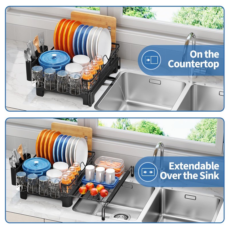 TOOLF Extendable Dish Drying Rack, 2 in 1 Multifunction Dish