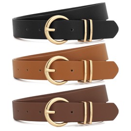 XZQTIVE - Paquete de 3 cinturones para mujer, para jeans, vestidos, pantalones, cinturón de piel con hebilla dorada, 02 Black+Brown+Tan, Fit Pant 47-51in