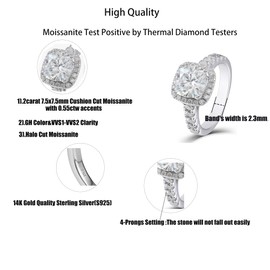 DovEggs 2ct Center 7.5mm Cushion Cut 2.3mm Width G-H-I Color Moissanite Engagement Ring Solitaire with Accents 14K Gold QUALITY Sterling Silver Engagement Ring for Women(7.5)
