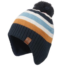 XYIYI Navy Striped Kids Baby Knitted Hat Toddler Winter Warm Fleece Lining Pompom Beanie Hat for 4-7 Years Old Boys Girls