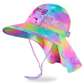 MHJY Kids Sun Hat Girls UV Protection Summer Hats Adjustable Beach Cap Unicorn Bucket Hats with Wide Brim Neck Flap for Toddlers 2-9 Years
