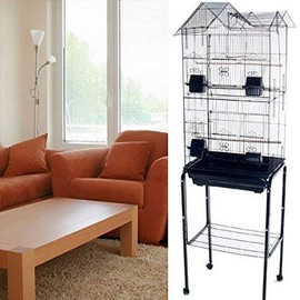Mcage Large Doube Roof Top Canary Parakeet Cockatiel Lovebird Finch Bird Flight Cage with Rolling Stand (Black)