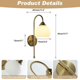 KCO Lighting Gold White Cordless Wall Sconces Mid Century Modern Bedroom Sconces Set of 2 Milk Glass Wall Lamps Antique Brass Wall Light Set of Two Retro Bathroom Vanity Light Fixtures
