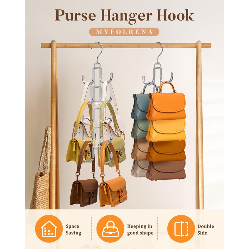 Purse Hanger for Closet, 360 Degree Purse Organizer with 10
