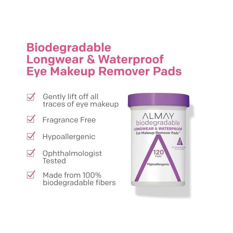 Almay Biodegradable Makeup Remover Pads, Longwear & Waterproof, Hypoallergenic