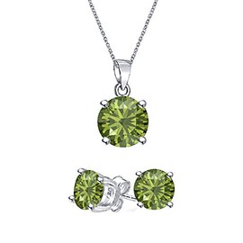 dazzlingjewelrycollection Simple 3mm 2CT Round Cut Green Toumaline 14k White Gold Over Solitaire Pendant Stud Earring Set Push Back Posts for Girl's & Women's