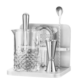 Crystal Cocktail Mixing Glass Set with Bamboo Stand - 22 Oz 650ml - Thick and Sturdy Bottom, Durable and Seamless Design with Bar Accessories