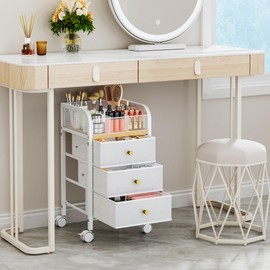 SWTYMIKI Rolling Makeup Organizer Cart - Under Desk Vanity Makeup Storage with 3 Non-woven Drawers, Nail Cart Organizer Cosmetic Display Cases Cabinet for Skin Care Perfume Nail Polish Brush Hair Tool