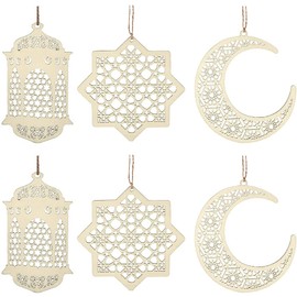 ANCLLO 2 Sets 6 Pieces Wooden Pendant Ornament Ramadan Kareem Decoration Moon Star Wind Light Shape Pendant Ornament for Ramadan Mubarak Eid Decorations