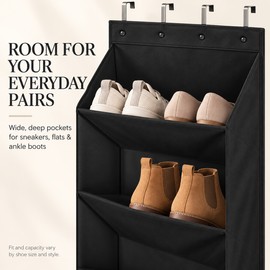 Over the Door Shoe Organizer with Large Deep Pockets, Foldable Hanging Shoe Rack for Sneakers and Boots, 6 or 8 Tiers, Black or Gray