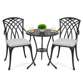 NUU GARDEN Bistro Set 3 Piece Outdoor Cast Aluminum Patio Bistro Set Patio Table and Chairs Set of 2 with Umbrella Hole and Gray Cushions, Black