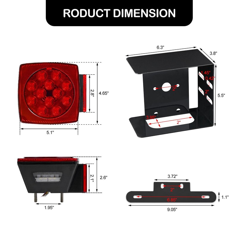 PVerandio 2pcs Submersible Square LED Trailer Light Kit 12V Red