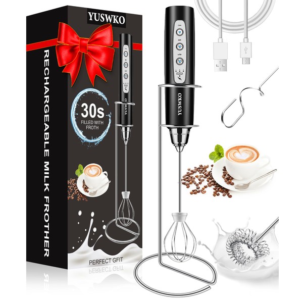 YUSWKO Milk Frother Handheld for Coffee with Stand, Rechargeable Drink