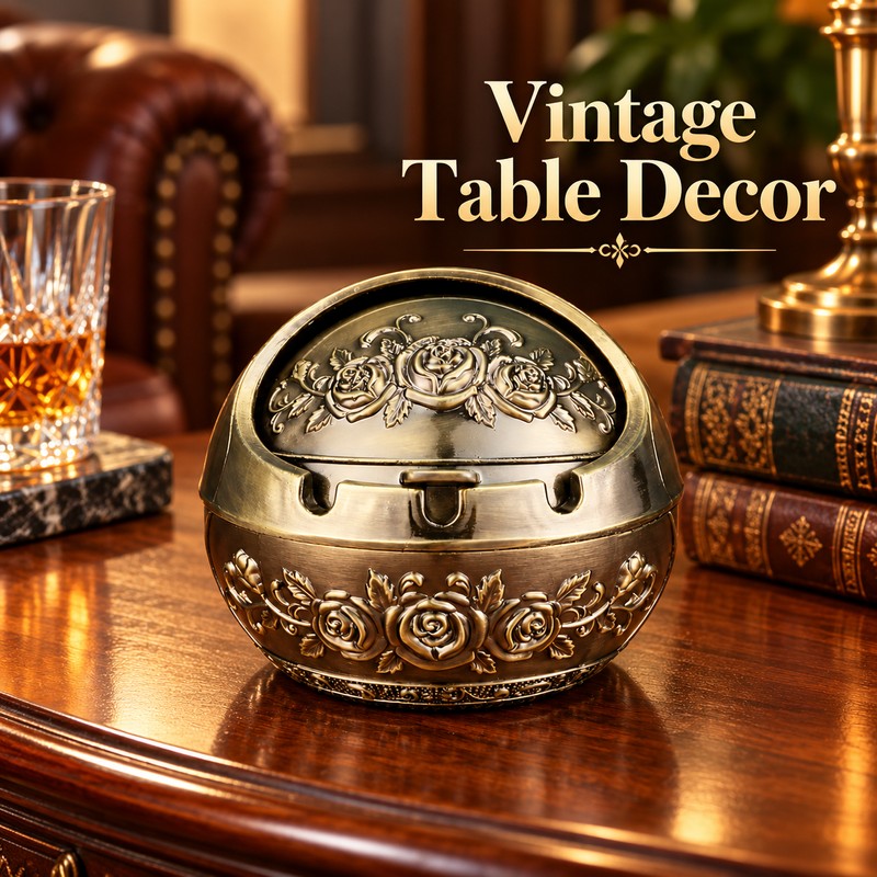 Retro Metal Ashtray with Lid – Decorative Covered Ashtray for