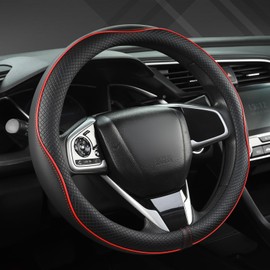 West Llama Microfiber Leather Car Steering Wheel Cover for Honda Accord Civic CR-V HR-V Pilot Fit Passport Odyssey,Sport Style,14.5-15 inch (Black+Red Line-Standrad Size)