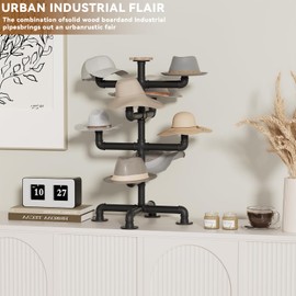 bimiti 4-Tier Industrial Hat Racks Metal Pipe Hat Display Stand with 8 Rustic Burnt Solid Wood Hats Caps Holders Hangers Free Standing Headwear Wig Rack Tabletop Cap Organizer for Hats or Wigs