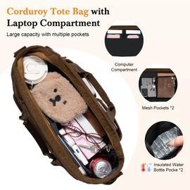 Corduroy Tote Bag for Women with Laptop Compartments and Zipper Pockets Teacher Daily Work Crossbody Bag for School