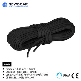 NewDoar CE & UIAA Certificated 18KN Static Climbing Rope 10mm (3/8in) High Strength Accessory Cord Double Braid Safety Rope for Prusik Hauling Dragging(Black 10mm,165ft)
