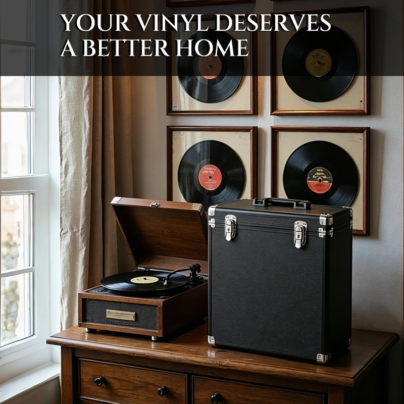 ZEDKEHO Vinyl Record Storage Box with Lock, Holds 35+ LP