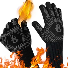 Roucerlin 1 Pair 1472 ℉ BBQ Gloves, Non-Slip Grill Gloves for Men Women, Grilling Gloves Oven Mitts with Fingers for Cooking Barbecue Baking Smoker (12.5", Black)