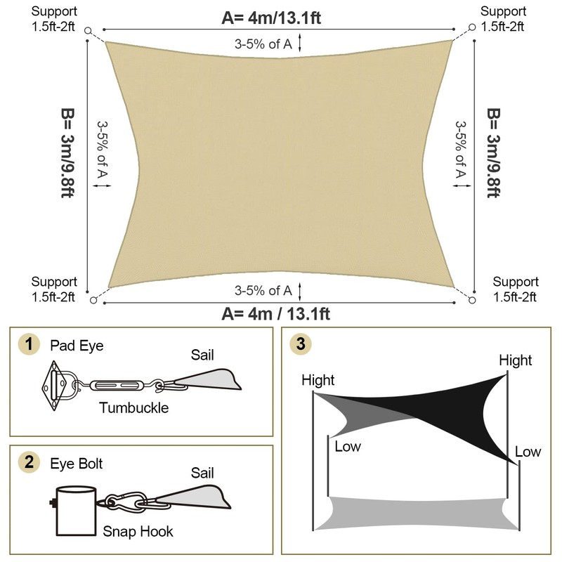 PHYLES Sun Sail, Waterproof Sun Protection, Rectangular, 3 x 4