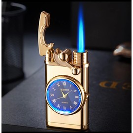 Windproof Vintage Cigar Lighter with Watch, Dual Blue Jet Torch Flame, Creative Clock Dial Rocker Arm,Windproof Portable Candle (Black)