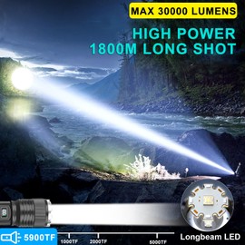 Rechargeable Flashlights High Lumens, 30000lm Super Bright&Long-Range Flashlight with LCD Power Display, 20H Long Lasting 5 Modes Zoomable&Waterproof Spotlight Flash Light for Home Camping Searching