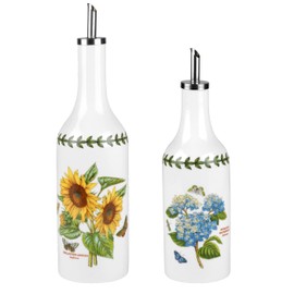 Portmeirion Botanic Garden Oil and Vinegar Drizzler Set | Oil and Vinegar Dispenser Cruet Bottle Set | Sunflower & Hydrangea Floral Designs | Made from Porcelain