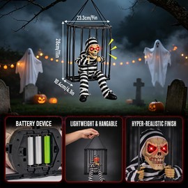 HIULLEN Screaming Animated Hanging Decoration, Infrared Sensor Skeleton Ghost Halloween Prop, Scary Skull Cage Prisoner Spooky for Outdoor, Indoor, And Party Use
