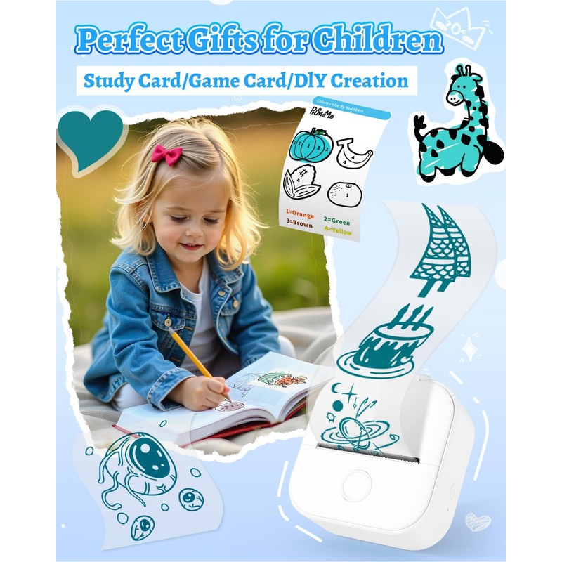 Memoqueen T02 Sticker Printer with 3 Rolls Paper, Portable Thermal