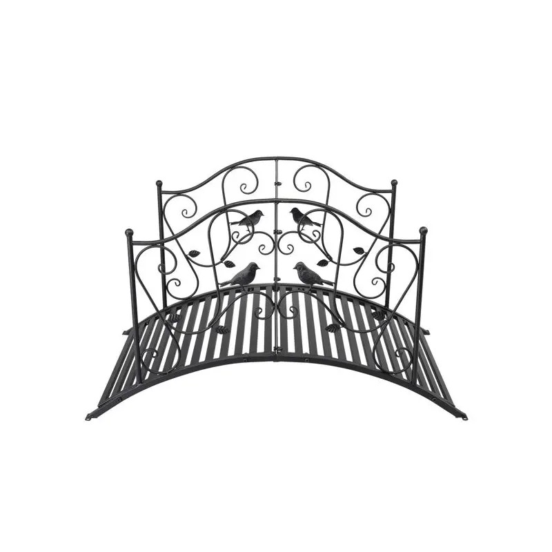 119*67*71cm Black Iron Courtyard Bridge with Bird Pattern Arched Handrail