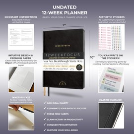 12 Week Focus Planner – High Performance Productivity Planner & Goal Planner | Undated Weekly and Daily Planning System with Habit Tracker | 7x10 Hardcover Project Planner