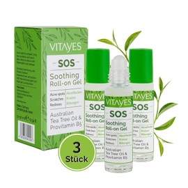 Vitayes SOS Organic Tea Tree Oil Roller 3 x 10 ml - Essential Oil Against Pimples, Acne & Blemishes - Roll-on Pen with Vitamin B5 - Vegan & Cruelty Free